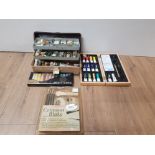 A LOT OF VINTAGE ARTISTS EQUIPMENT INCLUDES ACRYLICS PAINT BRUSHES ETC