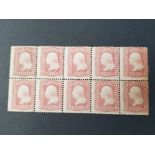 A MINT BLOCK OF 10 U.S.A. 1861 3 CENTS BROWNISH ROSE WASHINGTON STAMPS, THE ODD SHORT PERF AND A