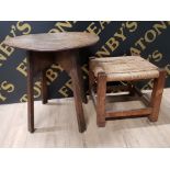 OAK CIRCULAR TOPPED OCCASIONAL TABLE 46CM HEIGHT TOGETHER WITH OAK FRAMED RUSH SEATED FOOTSTOOL 33CM