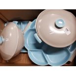 BOX OF POOLE TWINTONE INC 2 COVERED SERVING DISHES PLUS OBLONG HORS DOVRES TRAY AND ONE HANDLED ONE