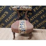 EDWARDIAN MAHOGANY BEDROOM CHAIR WITH UPHOLSTERED SEAT AND BACK REST ON BRASS CASTORS