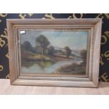 LARGE GILT FRAMED OIL ON CANVAS PAINTING RIVER COTTAGE SCENE SIGNED INDISTINCT 39CM X 58CM