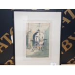 VICTOR NOBLE RAINBIRD 1887-1936 WATERCOLOUR TITLED IN OLD BRUGES 15CM BY 23CM