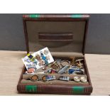 JEWELLERY BOX IN THE STYLE OF A BOOK PLUS CONTENTS WHICH INCLUDE MISCELLANEOUS VINTAGE BADGES AND