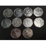 10 COLLECTABLE 50 PENCE PIECES INC 1918 REPRESENTATION OF THE PEOPLES ACT TOM KITTEN ETC