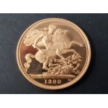 22CT GOLD 1980 PROOF SOVEREIGN COIN