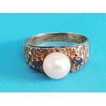 14CT GOLD PEARL AND SAPPHIRE RING 4G SIZE M