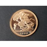 22CT GOLD 1980 PROOF HALF SOVEREIGN COIN