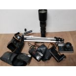 3 VINTAGE CAMERAS INCLUDING ZENIT-E, PLUS LARGE SCOPE AND TRIPOD STAND