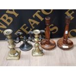 PAIR OF FRUIT WOOD TURNED CANDLESTICKS TOGETHER WITH 2 BRASS ONES PLUS CANDELABRA