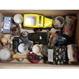 BOX CONTAINING MISC ITEMS INCLUDING RINGTONS WARE AND VINTAGE TEDDY BEAR WITH RACING CAR ETC