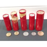 5 TUBES OF UNCIRCULATED COINAGE COMPRISING OF 50 HALFPENNINES 1967, 54 THREEPENCES 1966, 49