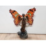 A TIFFANY STYLE LAMP WITH ART NOUVEAU LADY FIGURED BASE