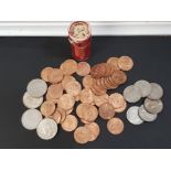 LOT OF COINS INCLUDES TUBE OF 49 MAINLY UNCIRCULATED 1967 HALFPENNIES, 6 FLORINS DATED 1948, 1950,