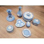 8 PIECES OF WEDGWOOD BLUE JASPER INCLUDES CANDLESTICK TRINKETS ETC