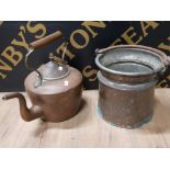 COPPER MILK BUCKET WITH IRON HANDLE AND COPPER TEAPOT WITH ACORN FINIAL