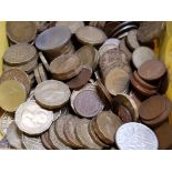 A BOX OF OLD THREE PENCE PIECES AND FOREIGN COINS INC FRENCH SPANISH ETC