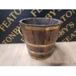 LARGE WOODEN TWIN BRASS HANDLED LOG BUCKET