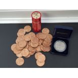 LOT OF COINS INCLUDES TUBE OF 48 UNCIRCULATED 1967 PENNIES, SIXPENCES DATED 1950 AND 1952, ALSO 1960