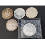 5 SILVER CANADA 1 DOLLAR COINS DATED 1939, 1965, 1967, 1971 AND 1975