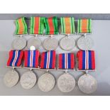 WORLD WAR II DEFENCE AND WAR MEDALS 5 OF EACH, 10 IN TOTAL WITH ORIGINAL RIBBONS