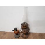 VINTAGE BRASS OIL LAMP WITH GLASS CHIMNEY PLUS 1 OTHER LAMP