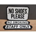 3 CAST METAL SIGNS INC NO SHOES PLEASE NO SMOKING AND STAFF ONLY