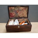 VINTAGE MAHOGANY SEWING BOX WITH FLORAL PATTERNED FABRIC INSERT PLUS CONTENTS INC THREAD SEWING