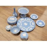 9 PIECES OF WEDGWOOD BLUE JASPER INCLUDES TRINKETS CAKE STAND ETC