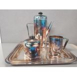 MODERNIST SILVER PLATED COFFEE POT CREAMER AND SUGAR ON TRAY