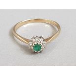 9CT GOLD EMERALD AND DIAMOND CLUSTER RING 2.3G SIZE V
