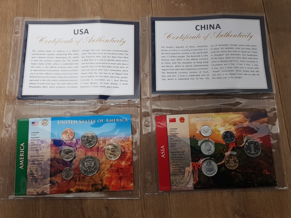 2 COIN SETS FROM THE CHANGE CHECKER WORLD EDITION INCLUDES USA AND CHINA, 6 COINS IN EACH BOTH