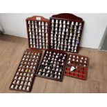 5 THIMBLE DISPLY HANGING CASES, ALMOST FULL OF MISCELLANEOUS VINTAGE THIMBLES