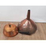 LARGE COPPER FUNNEL TOGETHER WITH COPPER CHAFING PAN
