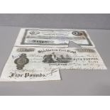 TWO ANTIQUE BRITISH £5 BANK NOTES ONE FROM STOCKTON BACKHOUSE 1895 STAMFORD AND SPALDING 1900