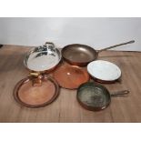 2 ANTIQUE COPPER FRYING PANS COPPER PLATES AND 2 COPPER WARMING DISHES