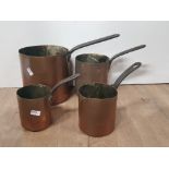 SET OF FOUR ANTIQUE SUGAR BOILING COPPER PANS WITH STEEL HANDLES