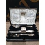 HALLMARKED SILVER CHRISTENING KNIFE FORK SPOON AND NAPKIN RING WEIGHABLE SILVER 66.3 GRAMS GROSS
