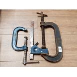 A STANLEY TRI SQUARE TOGETHER WITH WODEN 126/8 CLAMP AND A MALLEABLE 4 CLAMP