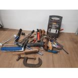 A LOT OF ASSORTED TOOLS INC HALFORDS FULLY AUTOMATIC BATTERY CHARGERY RECORD CLAMP ETC