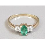 9CT GOLD EMERALD AND DIAMOND THREE STONE RING 1.6G SIZE N1/2