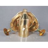 PAIR OF POLISHED BRASS CANDLE WALL SCONCES TOGETHER WITH BRASS DRAM BOTTLE WITH SCREW TOP