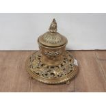 FILIGREE AND CLASSICAL URN SHAPED SOLID BRASS DESK INKWELL NO LINER
