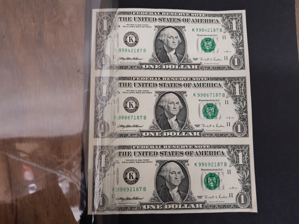 IMPERFORATE STRIP OF 3 USA 1 DOLLAR BILLS