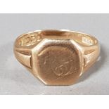 9CT GOLD SIGNET RING, FRONT INTIALS TO FACE 4.1G SIZE R 1/2