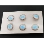 RARE SET OF 6 CLEMENT BERG OSLO-NORWAY BLUE AND WHITE STERLING ENAMEL BUTTONS, MARKED 925 AND