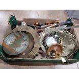 A BOX OF MISCELLANEOUS BRASS AND OTHER METAL WARE INCLUDES ANTLER CARVING SETS CANDLEHOLDERS ETC