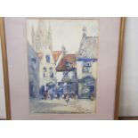 VICTOR NOBLE RAINBIRD 1887-1936 WATERCOLOUR TITLED PETITE PLACE DU MUSEE, YPRES SIGNED AND INSCRIBED