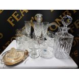 A LOT OF ASSORTED GLASS WARE INCLUDES GEORGIAN 3 RING DECANTER WITH LATER MUSHROOM STOPPER ROYAL