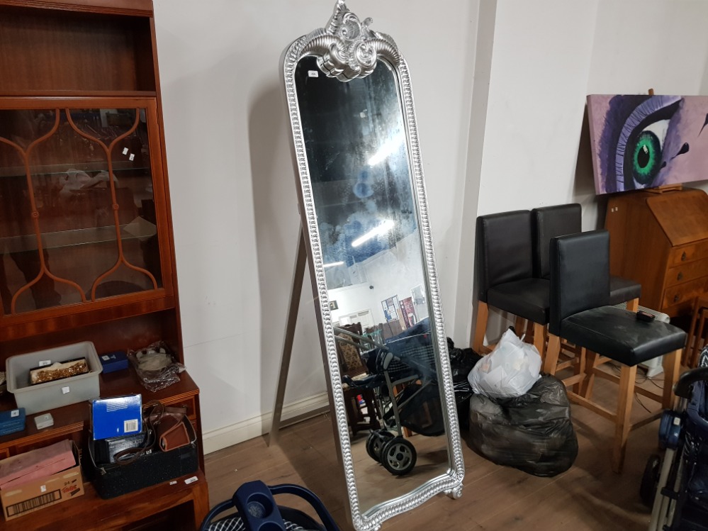 LARGE CHEVAL MIRROR WITH SILVER SCROLL FRAME 48CM X 174